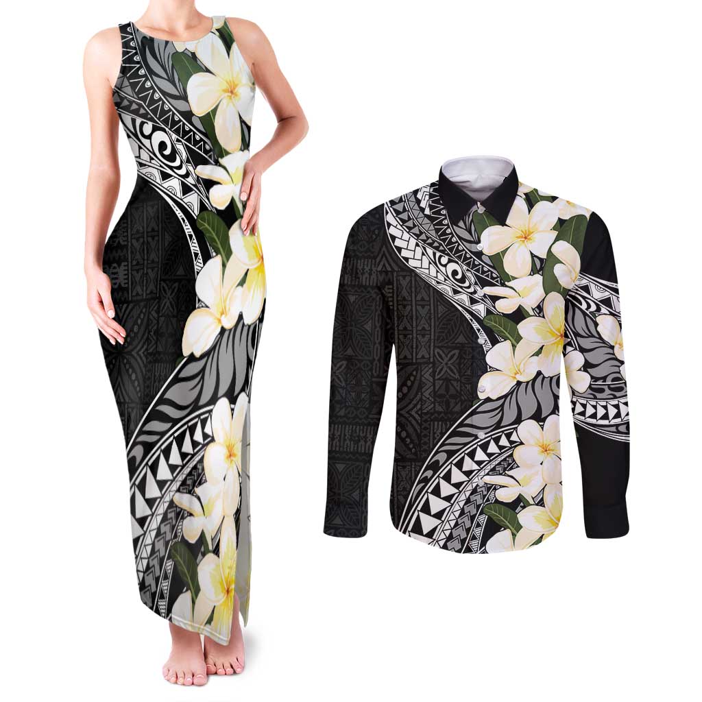 Aloha Hawaii Festive Couples Matching Tank Maxi Dress and Long Sleeve Button Shirt Frangipani Lace Classic LT7 Black - Polynesian Pride