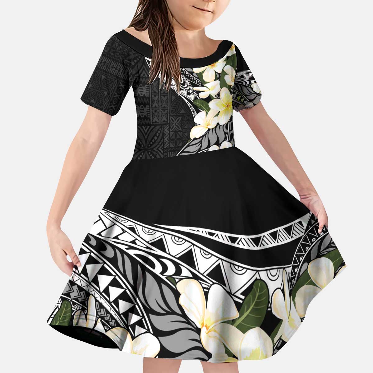 Aloha Hawaii Festive Family Matching Puletasi and Hawaiian Shirt Frangipani Lace Classic LT7 Daughter's Dress Black - Polynesian Pride