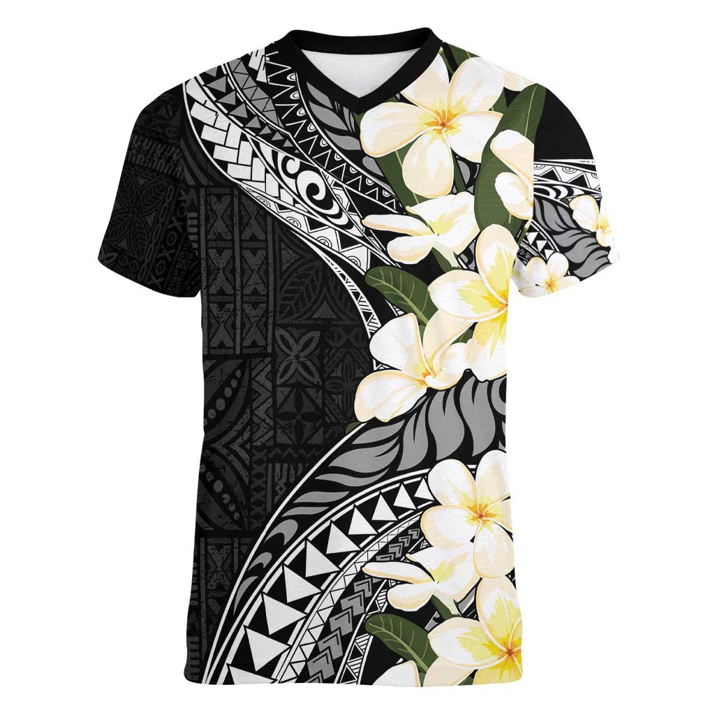 Aloha Hawaii Festive Women V-Neck T-Shirt Frangipani Lace Classic LT7 Female Black - Polynesian Pride