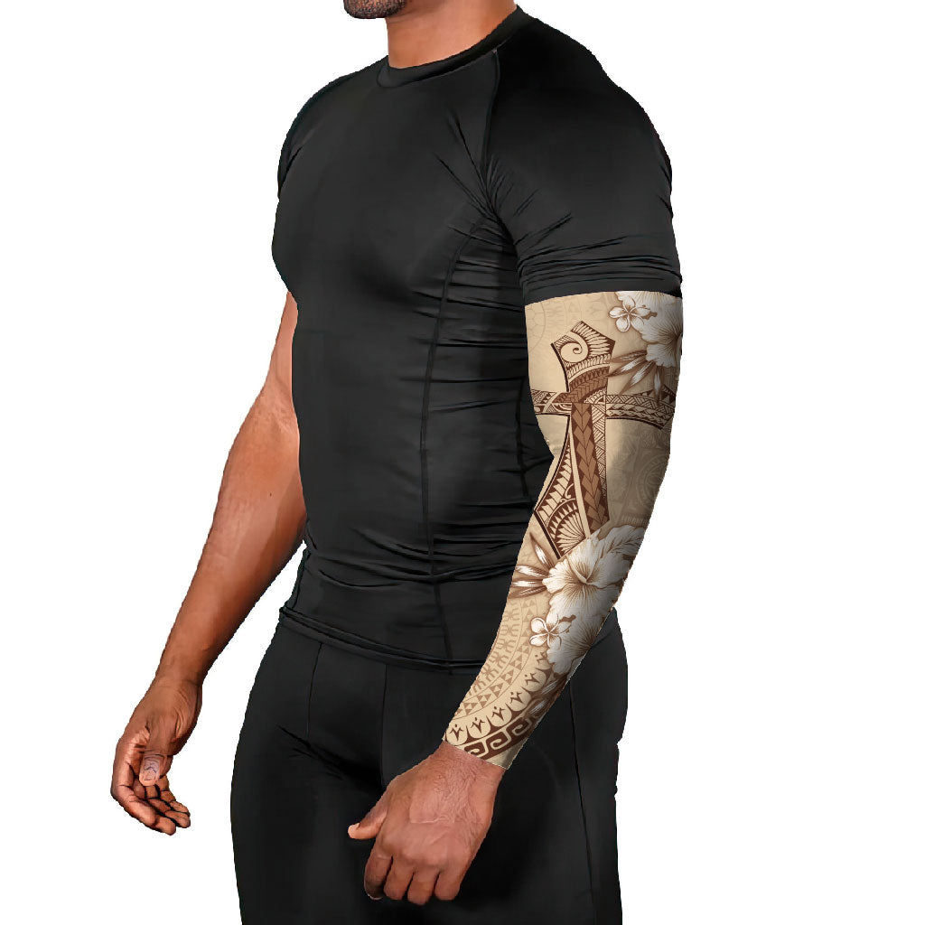 Kia Orana Cook Islands Tapa Floral With Cross Arm Sleeves Beige LT7 - Polynesian Pride