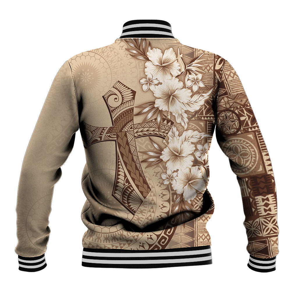 Kia Orana Cook Islands Tapa Floral With Cross Baseball Jacket Beige LT7 - Polynesian Pride