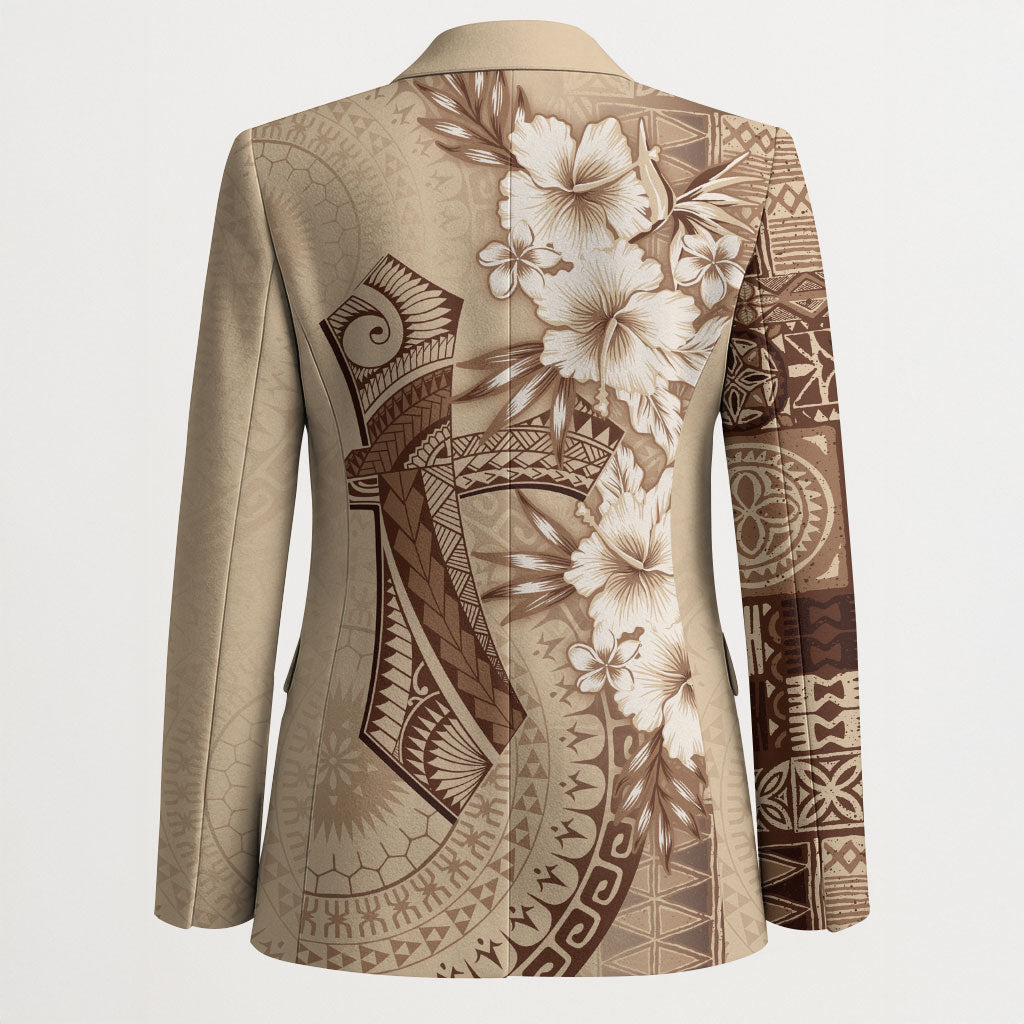 Kia Orana Cook Islands Tapa Floral With Cross Blazer Beige
