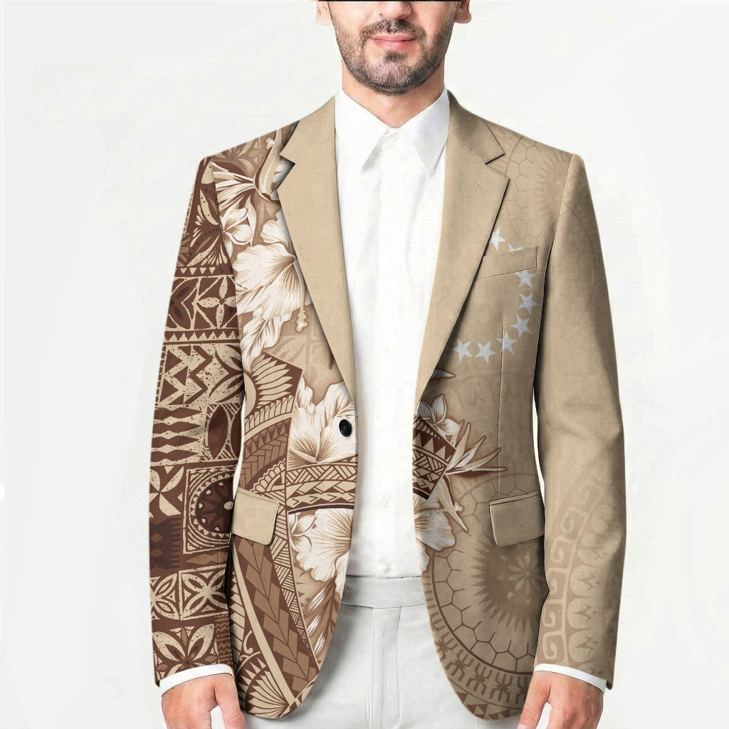Kia Orana Cook Islands Tapa Floral With Cross Blazer Beige