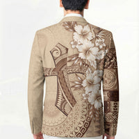 Kia Orana Cook Islands Tapa Floral With Cross Blazer Beige