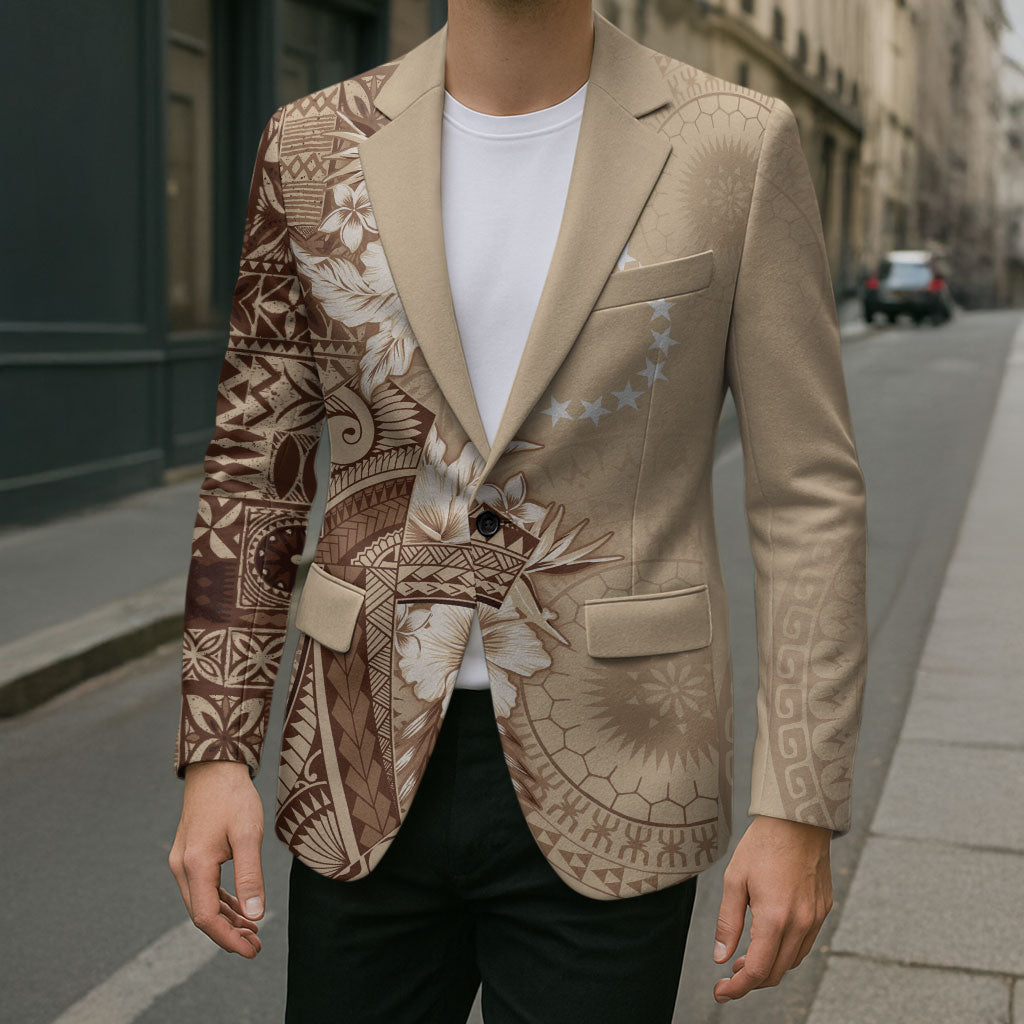 Kia Orana Cook Islands Tapa Floral With Cross Blazer Beige
