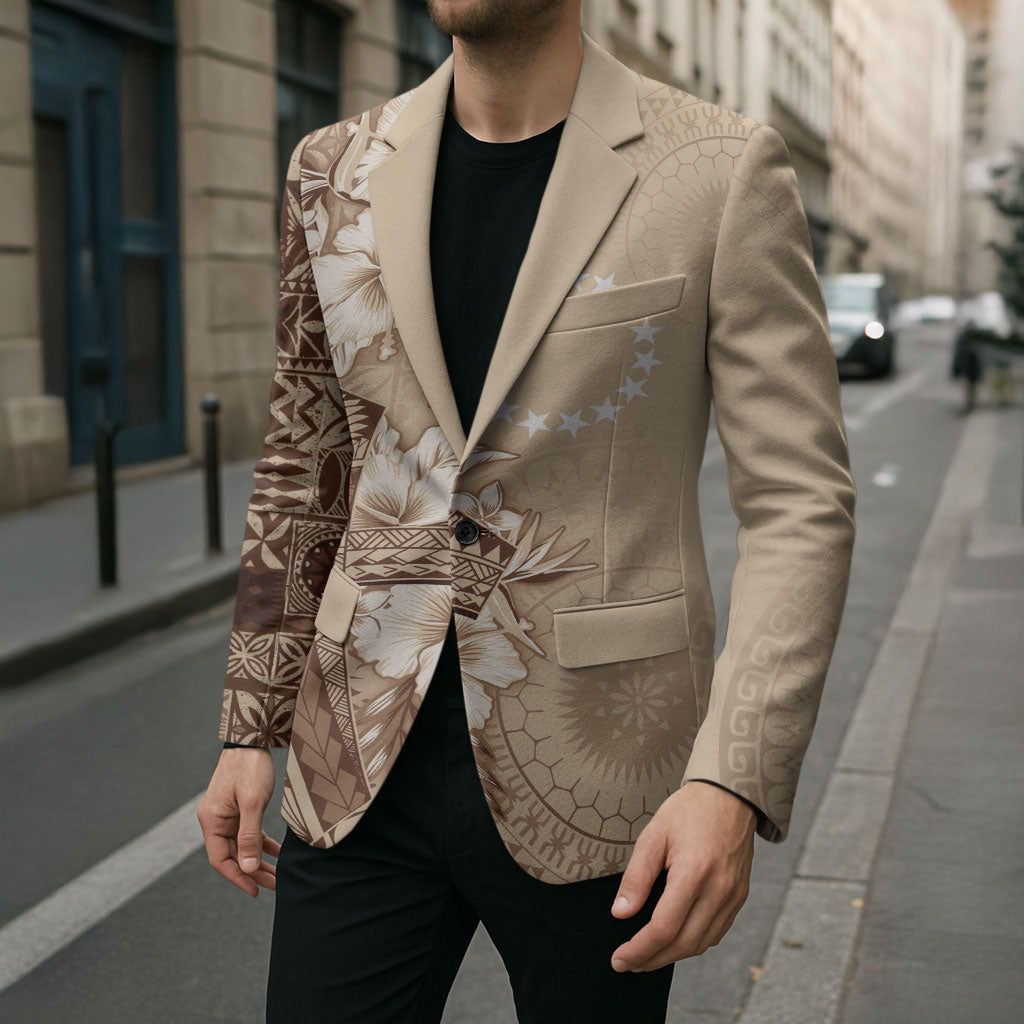 Kia Orana Cook Islands Tapa Floral With Cross Blazer Beige