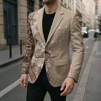 Kia Orana Cook Islands Tapa Floral With Cross Blazer Beige