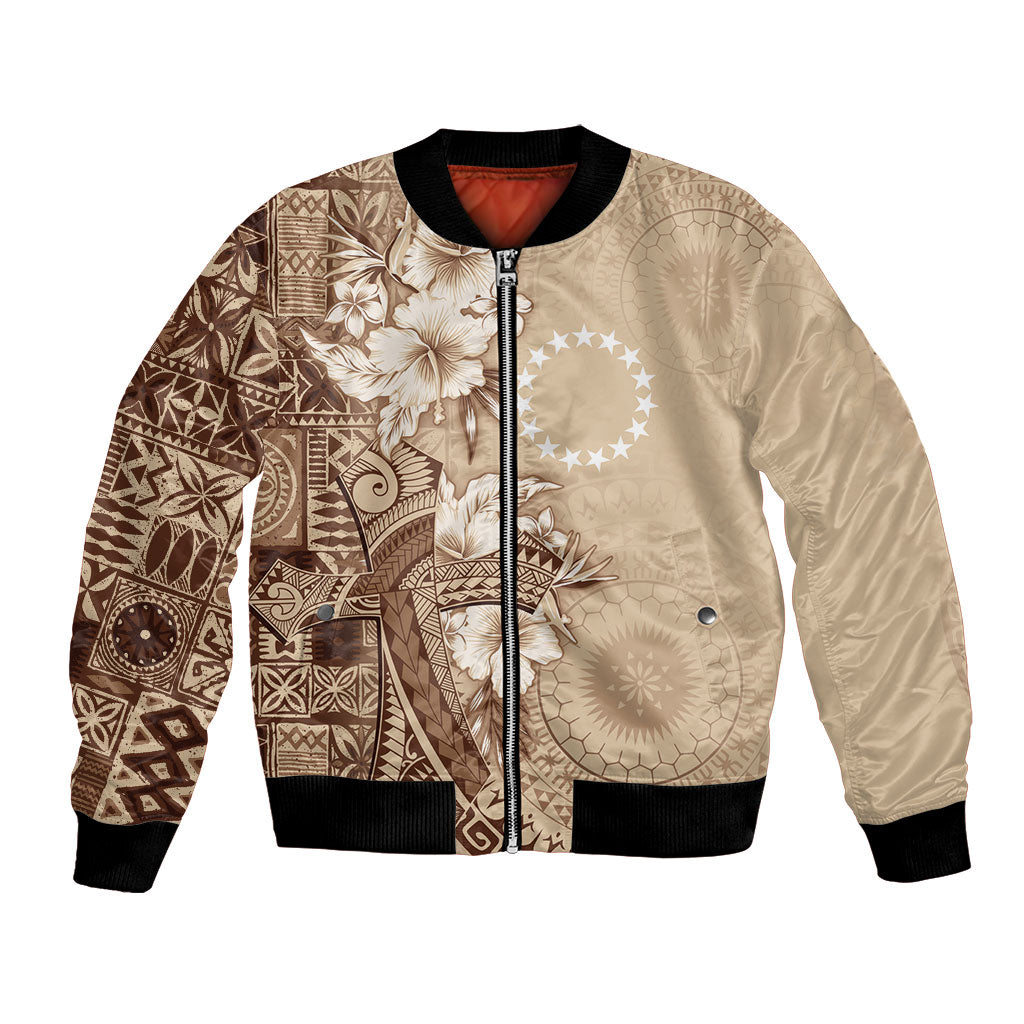 Kia Orana Cook Islands Tapa Floral With Cross Bomber Jacket Beige LT7 Unisex Beige - Polynesian Pride