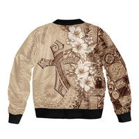 Kia Orana Cook Islands Tapa Floral With Cross Bomber Jacket Beige LT7 - Polynesian Pride
