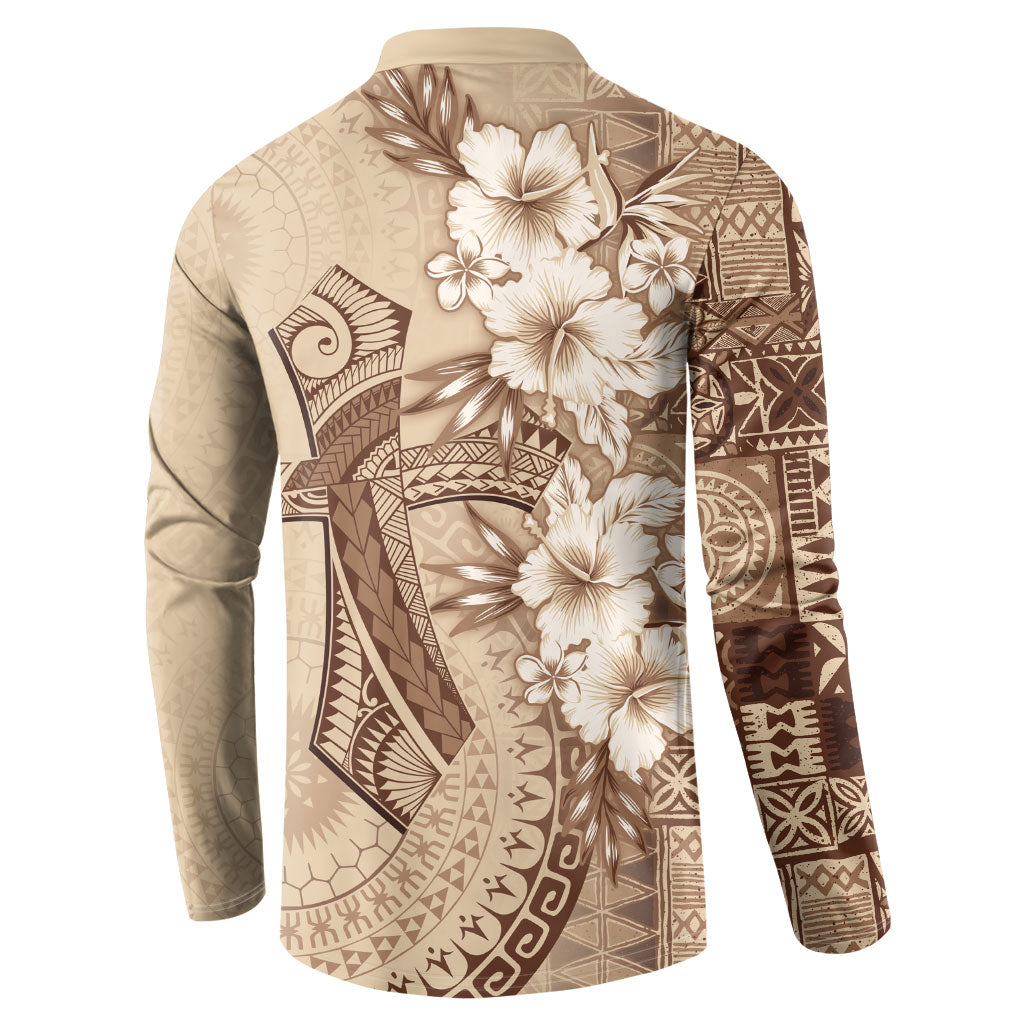 Kia Orana Cook Islands Tapa Floral With Cross Button Sweatshirt Beige LT7 - Polynesian Pride