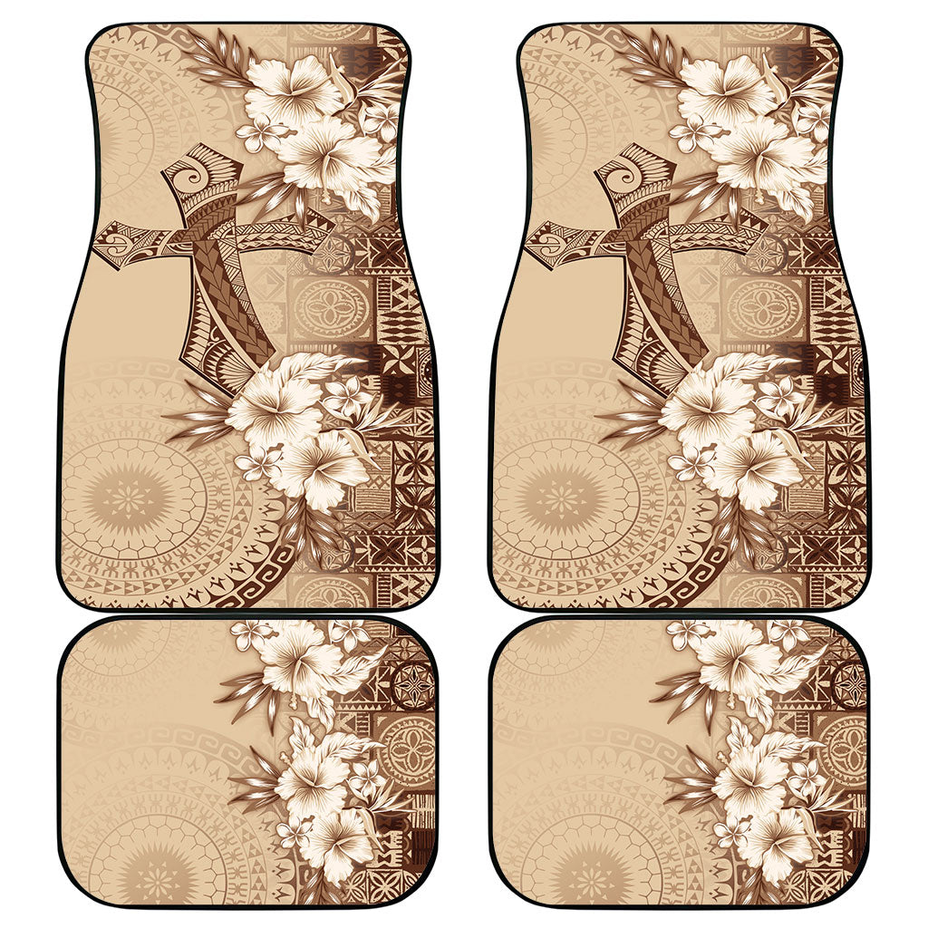 Kia Orana Cook Islands Tapa Floral With Cross Car Mats Beige LT7 - Polynesian Pride