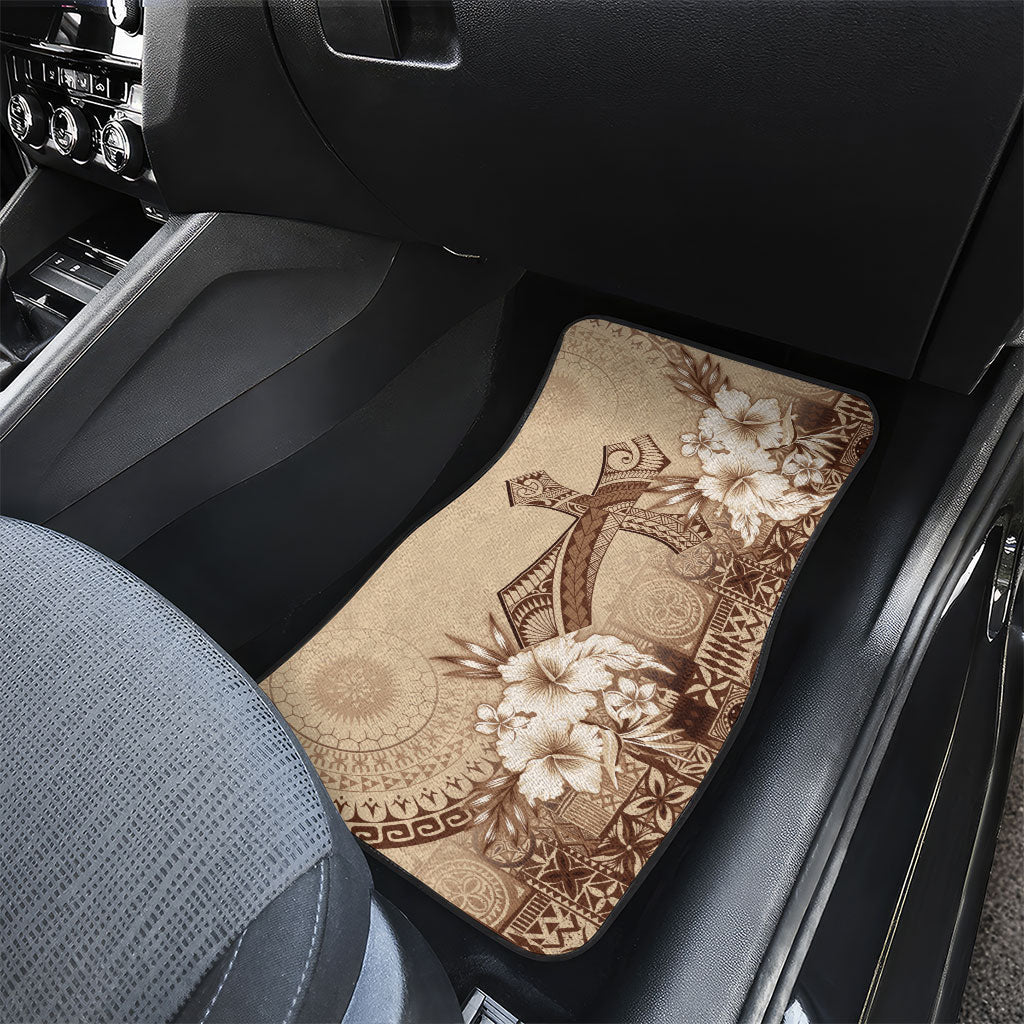 Kia Orana Cook Islands Tapa Floral With Cross Car Mats Beige LT7 - Polynesian Pride