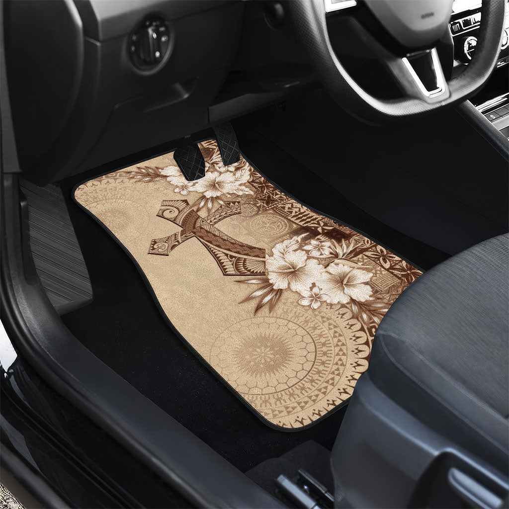 Kia Orana Cook Islands Tapa Floral With Cross Car Mats Beige LT7 - Polynesian Pride