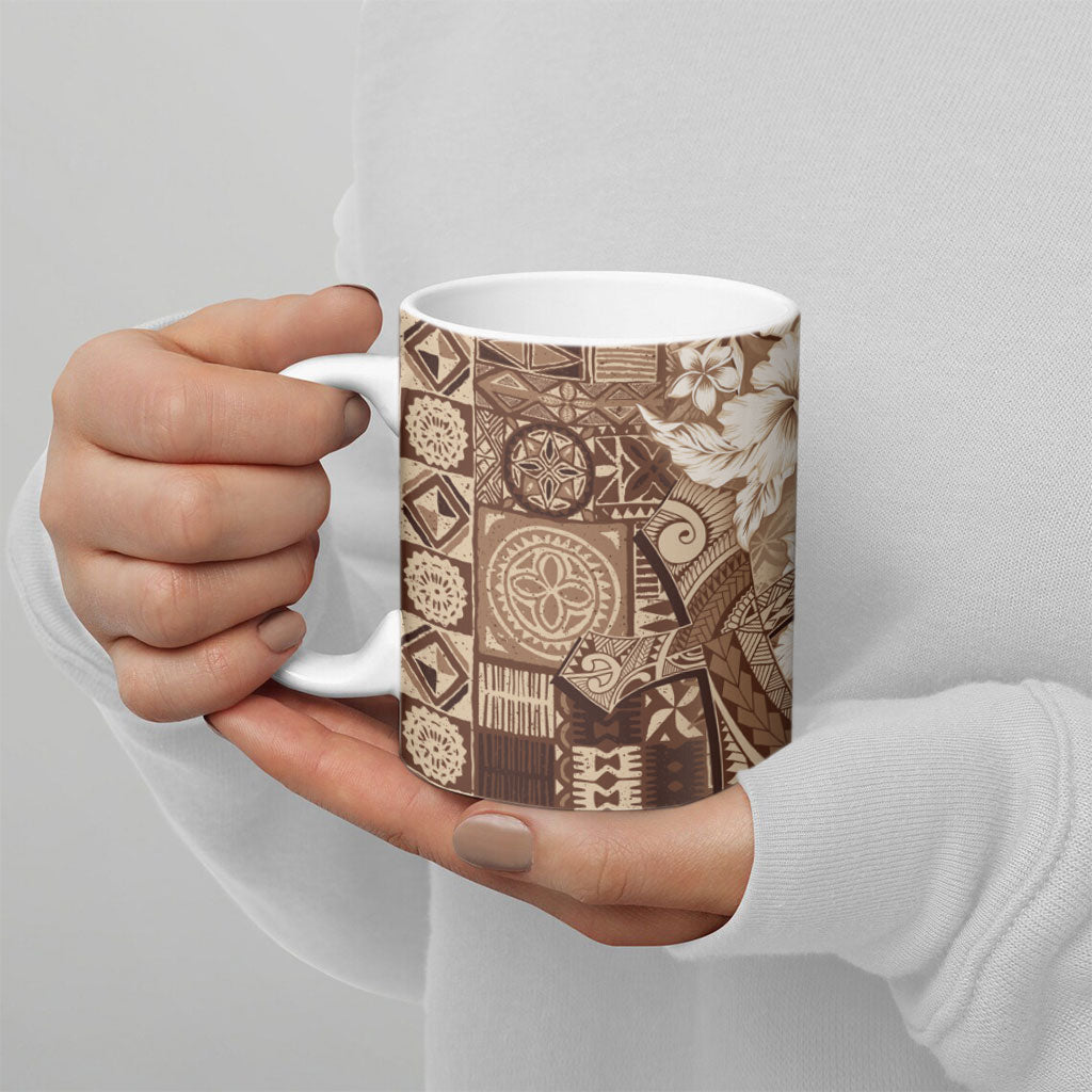Kia Orana Cook Islands Tapa Floral With Cross Ceramic Mug Beige LT7 - Polynesian Pride