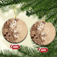 Kia Orana Cook Islands Tapa Floral With Cross Ceramic Ornament Beige