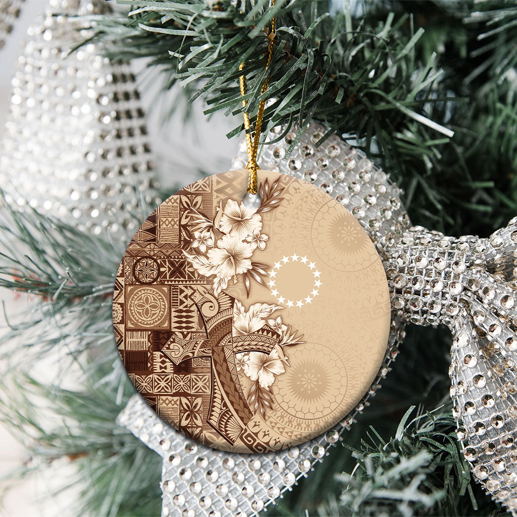 Kia Orana Cook Islands Tapa Floral With Cross Ceramic Ornament Beige