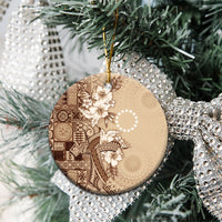 Kia Orana Cook Islands Tapa Floral With Cross Ceramic Ornament Beige