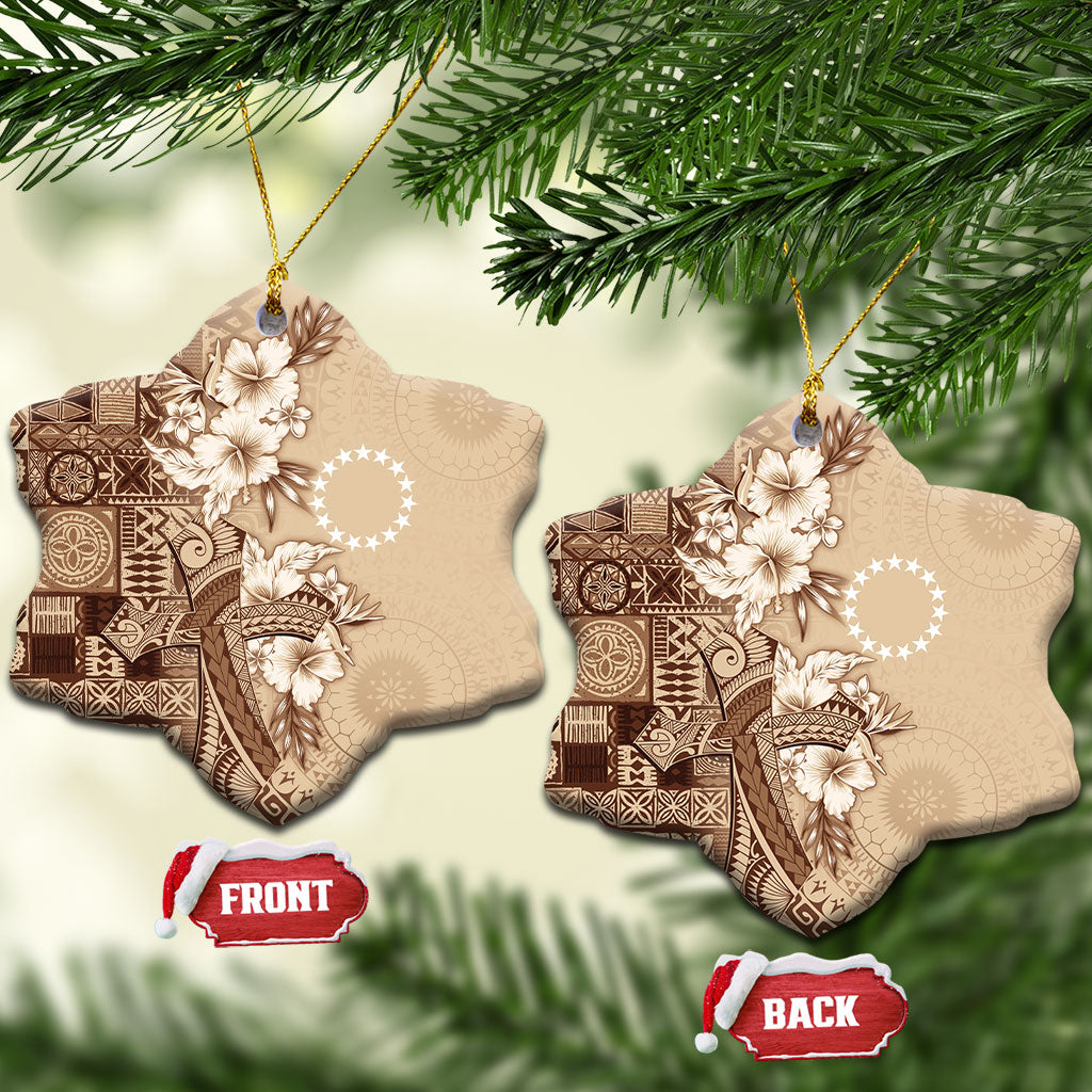 Kia Orana Cook Islands Tapa Floral With Cross Ceramic Ornament Beige