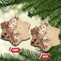 Kia Orana Cook Islands Tapa Floral With Cross Ceramic Ornament Beige
