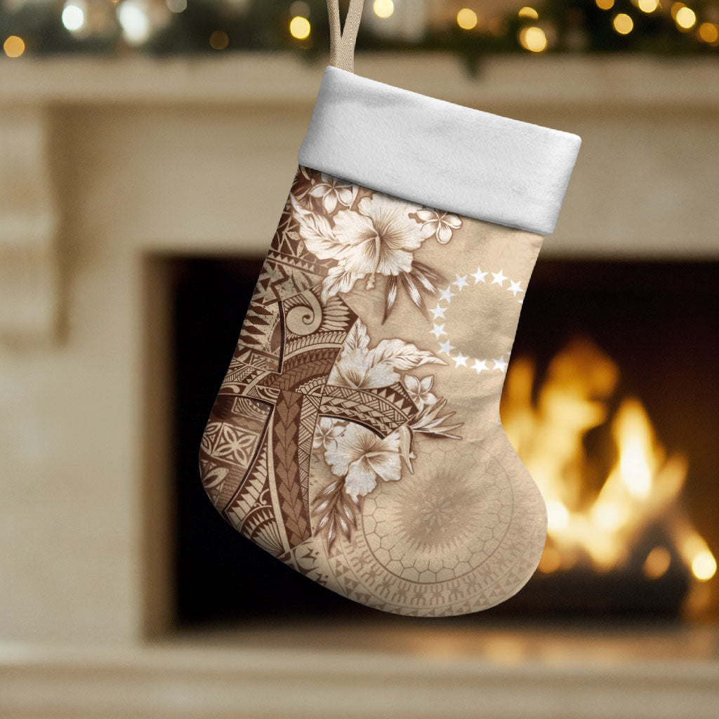 Kia Orana Cook Islands Tapa Floral With Cross Christmas Stocking Beige LT7 Set of 2 Beige - Polynesian Pride