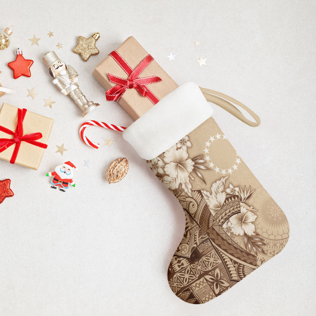 Kia Orana Cook Islands Tapa Floral With Cross Christmas Stocking Beige LT7 - Polynesian Pride