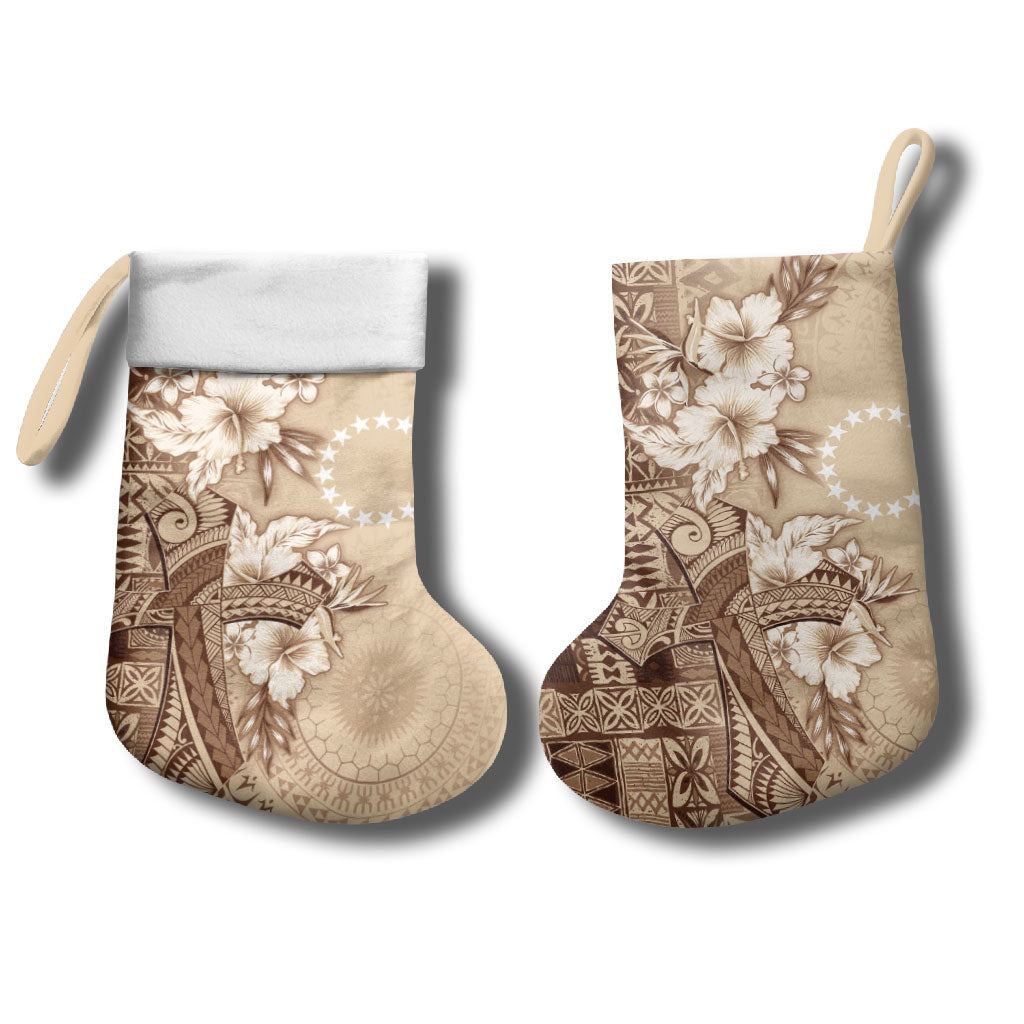 Kia Orana Cook Islands Tapa Floral With Cross Christmas Stocking Beige LT7 - Polynesian Pride