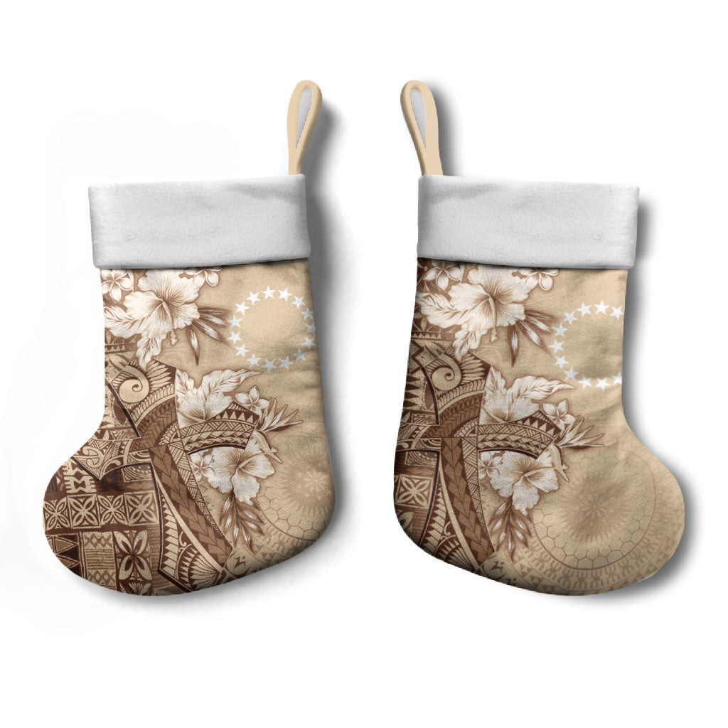 Kia Orana Cook Islands Tapa Floral With Cross Christmas Stocking Beige LT7 - Polynesian Pride