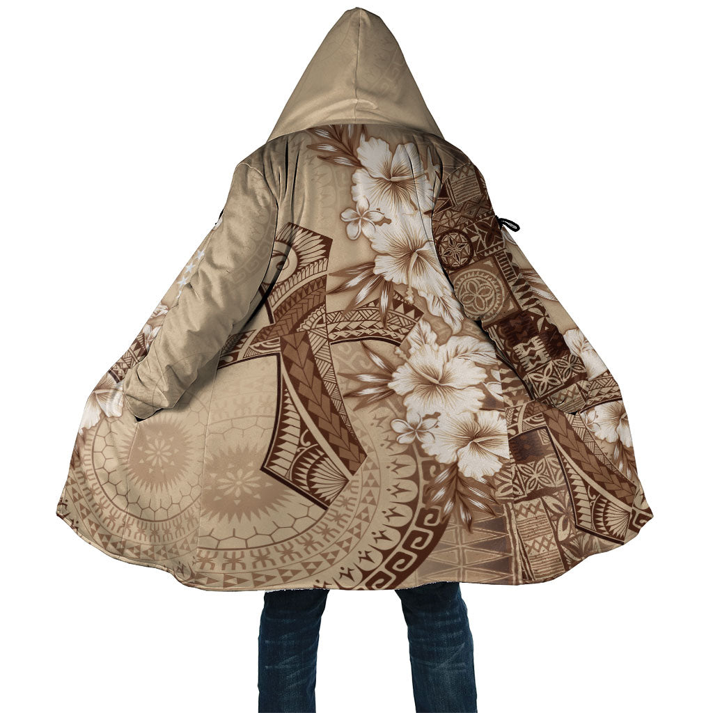 Kia Orana Cook Islands Tapa Floral With Cross Cloak Beige