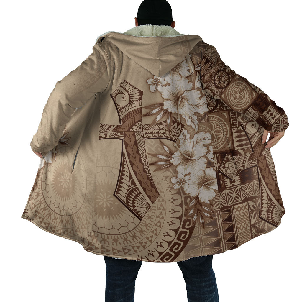 Kia Orana Cook Islands Tapa Floral With Cross Cloak Beige