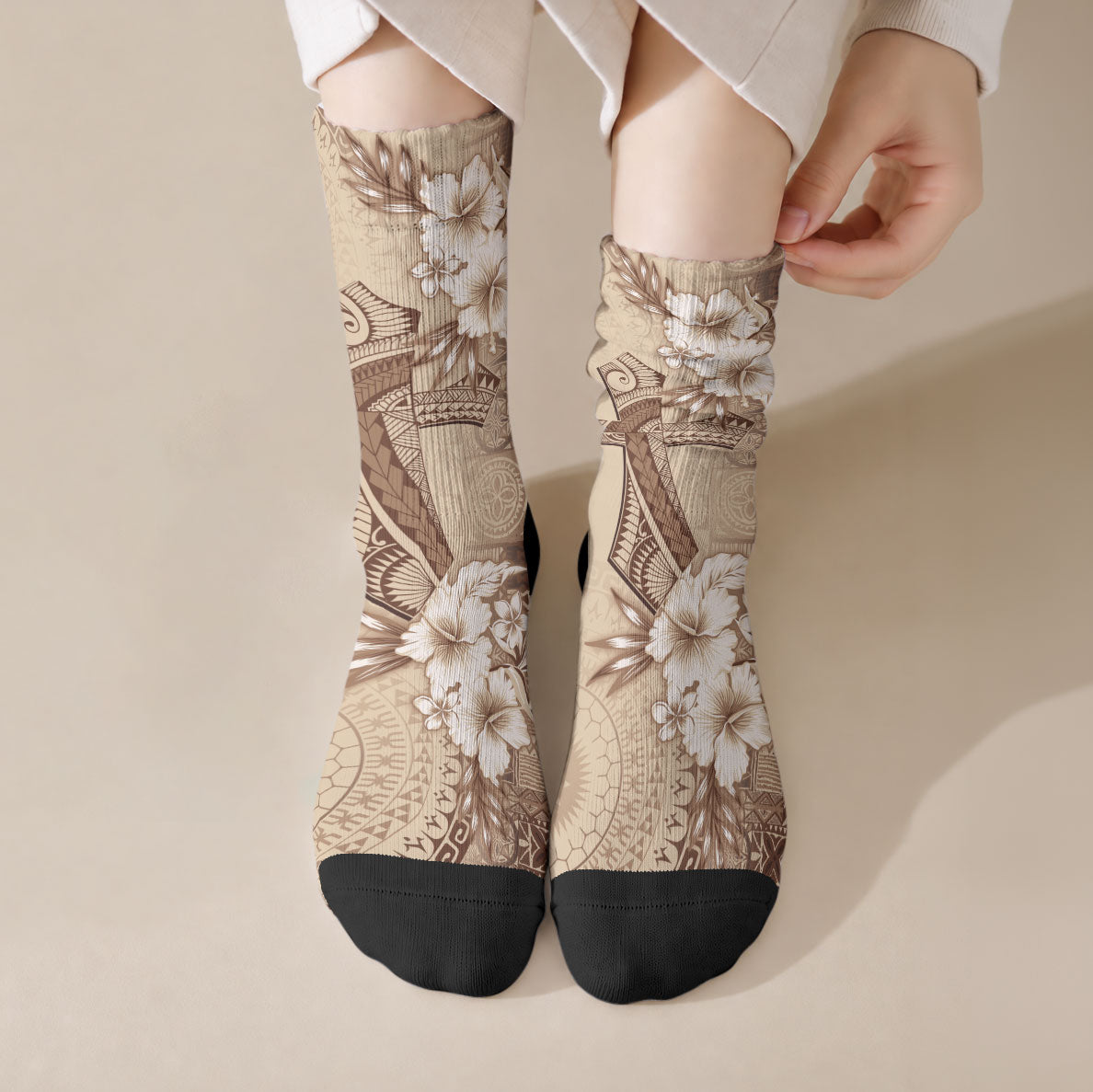 Kia Orana Cook Islands Tapa Floral With Cross Crew Socks Beige LT7 Crew Socks Beige - Polynesian Pride