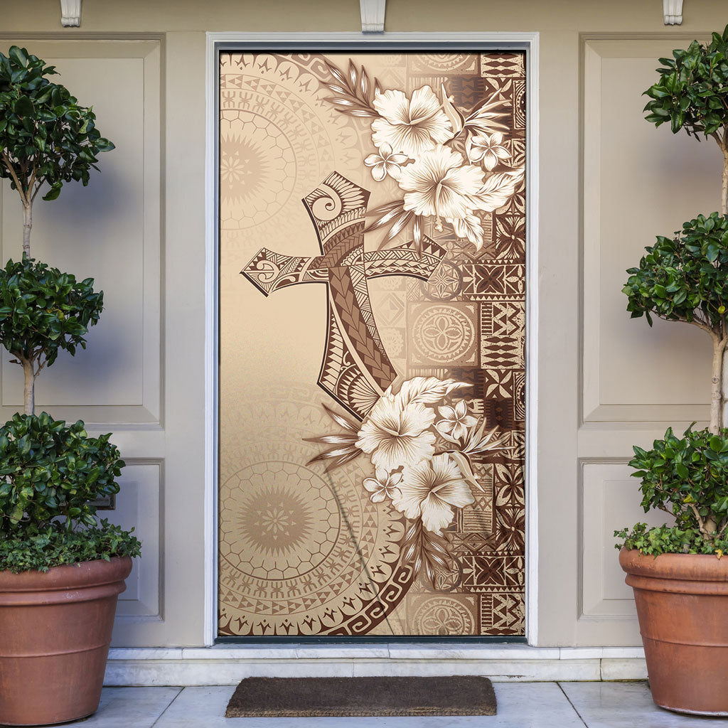 Kia Orana Cook Islands Tapa Floral With Cross Door Cover Beige LT7 Beige - Polynesian Pride