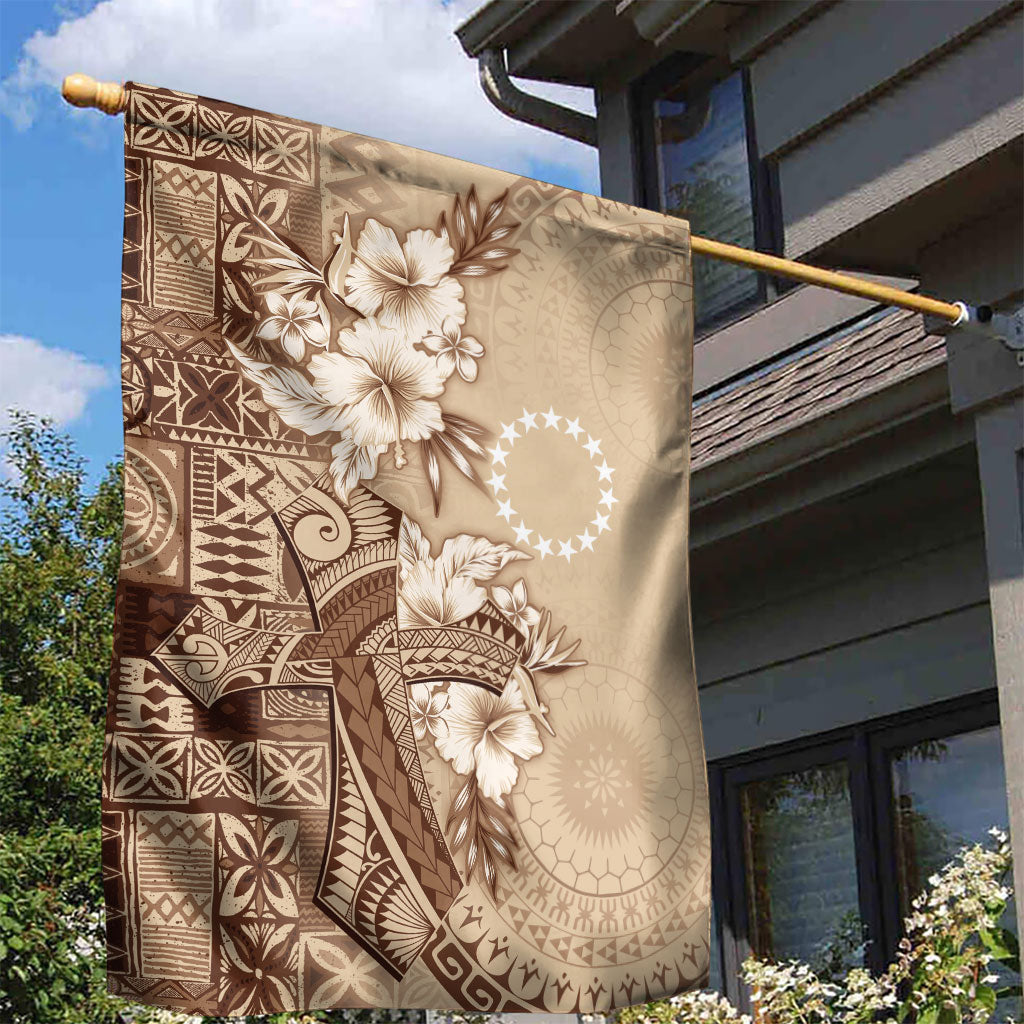 Kia Orana Cook Islands Tapa Floral With Cross Garden Flag Beige LT7 - Polynesian Pride