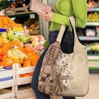Kia Orana Cook Islands Tapa Floral With Cross Grocery Bag Beige LT7 - Polynesian Pride