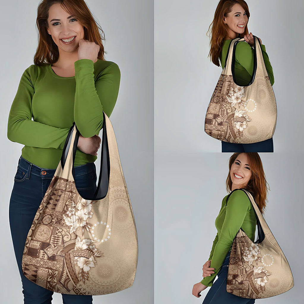 Kia Orana Cook Islands Tapa Floral With Cross Grocery Bag Beige LT7 - Polynesian Pride