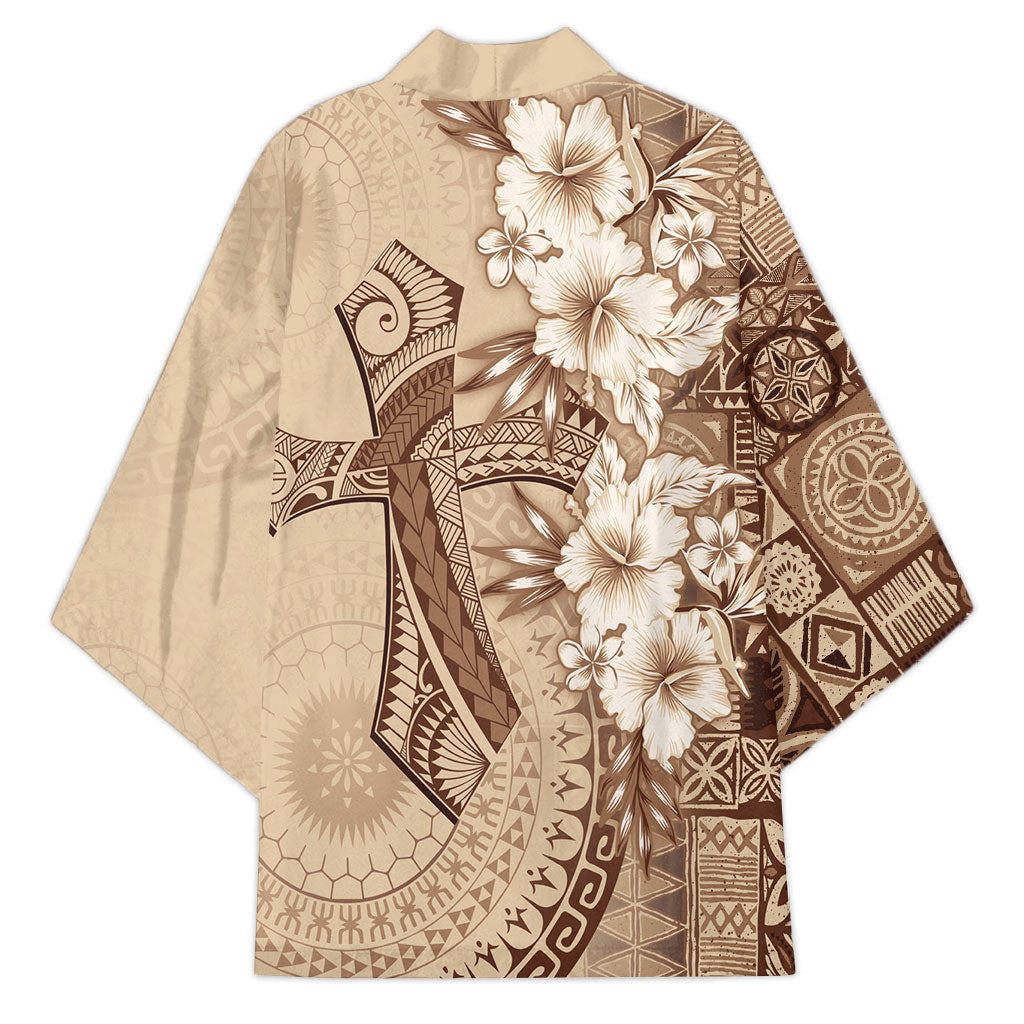Kia Orana Cook Islands Tapa Floral With Cross Kimono Beige LT7 - Polynesian Pride