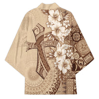 Kia Orana Cook Islands Tapa Floral With Cross Kimono Beige LT7 - Polynesian Pride