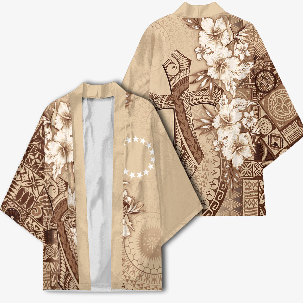 Kia Orana Cook Islands Tapa Floral With Cross Kimono Beige LT7 - Polynesian Pride