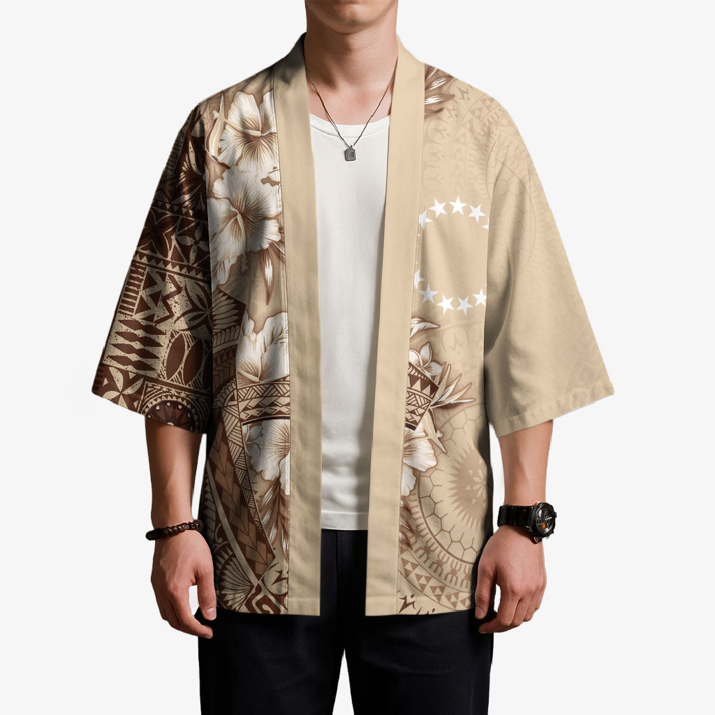 Kia Orana Cook Islands Tapa Floral With Cross Kimono Beige LT7 - Polynesian Pride