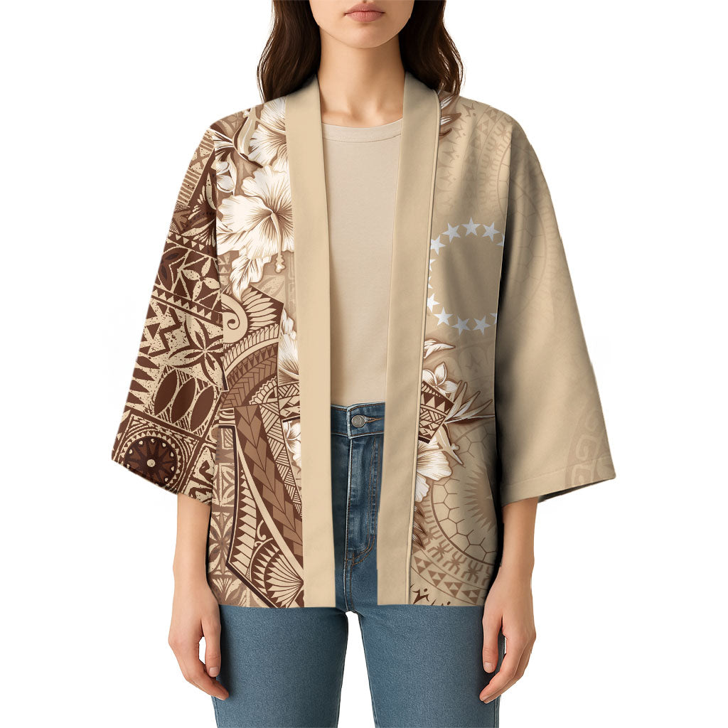 Kia Orana Cook Islands Tapa Floral With Cross Kimono Beige LT7 - Polynesian Pride