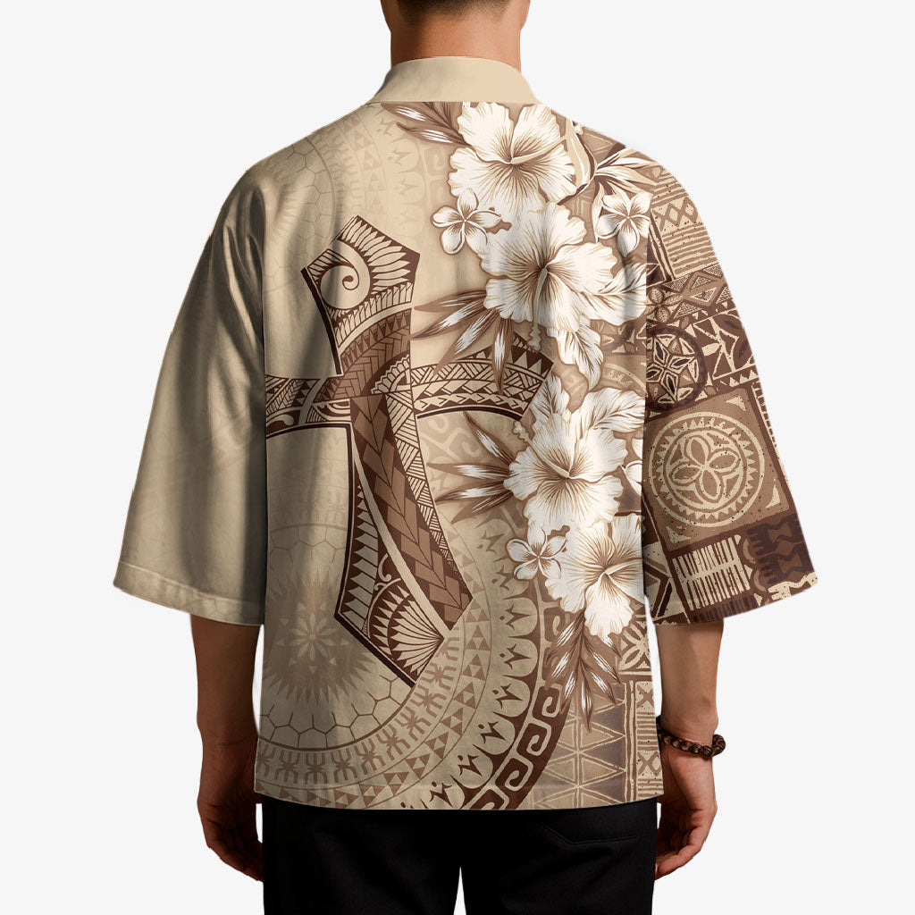 Kia Orana Cook Islands Tapa Floral With Cross Kimono Beige LT7 - Polynesian Pride