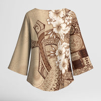 Kia Orana Cook Islands Tapa Floral With Cross Kimono Sleeve Blouse Beige LT7 - Polynesian Pride
