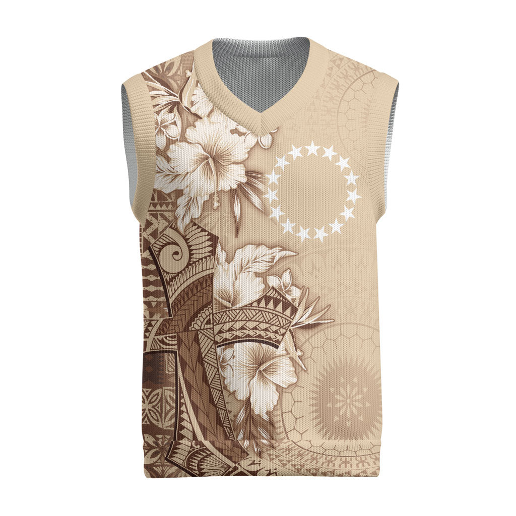 Kia Orana Cook Islands Tapa Floral With Cross Christmas Knitted V-Neck Vest Beige LT7 Beige - Polynesian Pride
