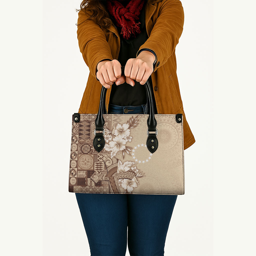 Kia Orana Cook Islands Tapa Floral With Cross Leather Bag Beige LT7 - Polynesian Pride