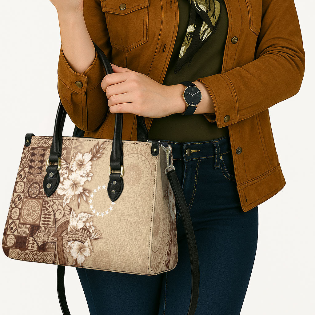 Kia Orana Cook Islands Tapa Floral With Cross Leather Bag Beige LT7 - Polynesian Pride