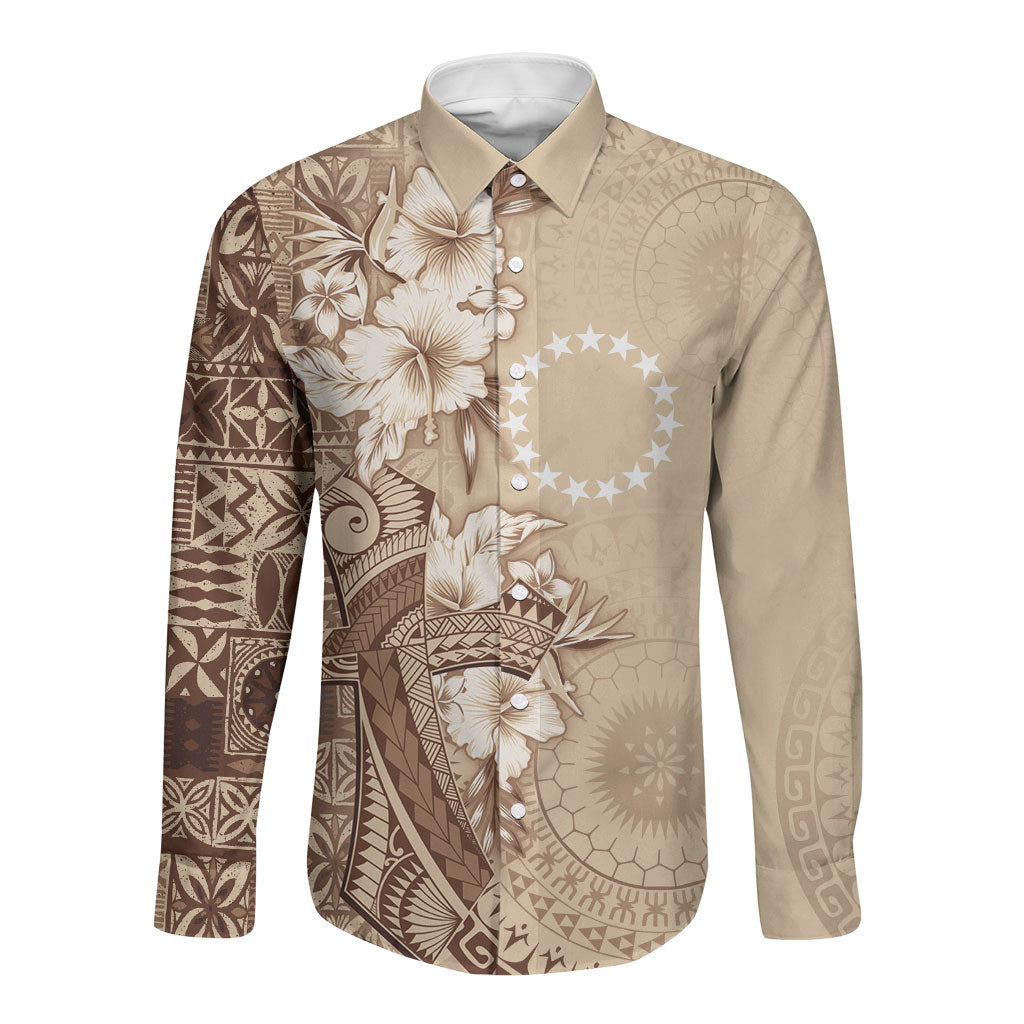 Kia Orana Cook Islands Tapa Floral With Cross Long Sleeve Button Shirt Beige LT7 Unisex Beige - Polynesian Pride