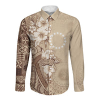 Kia Orana Cook Islands Tapa Floral With Cross Long Sleeve Button Shirt Beige LT7 Unisex Beige - Polynesian Pride