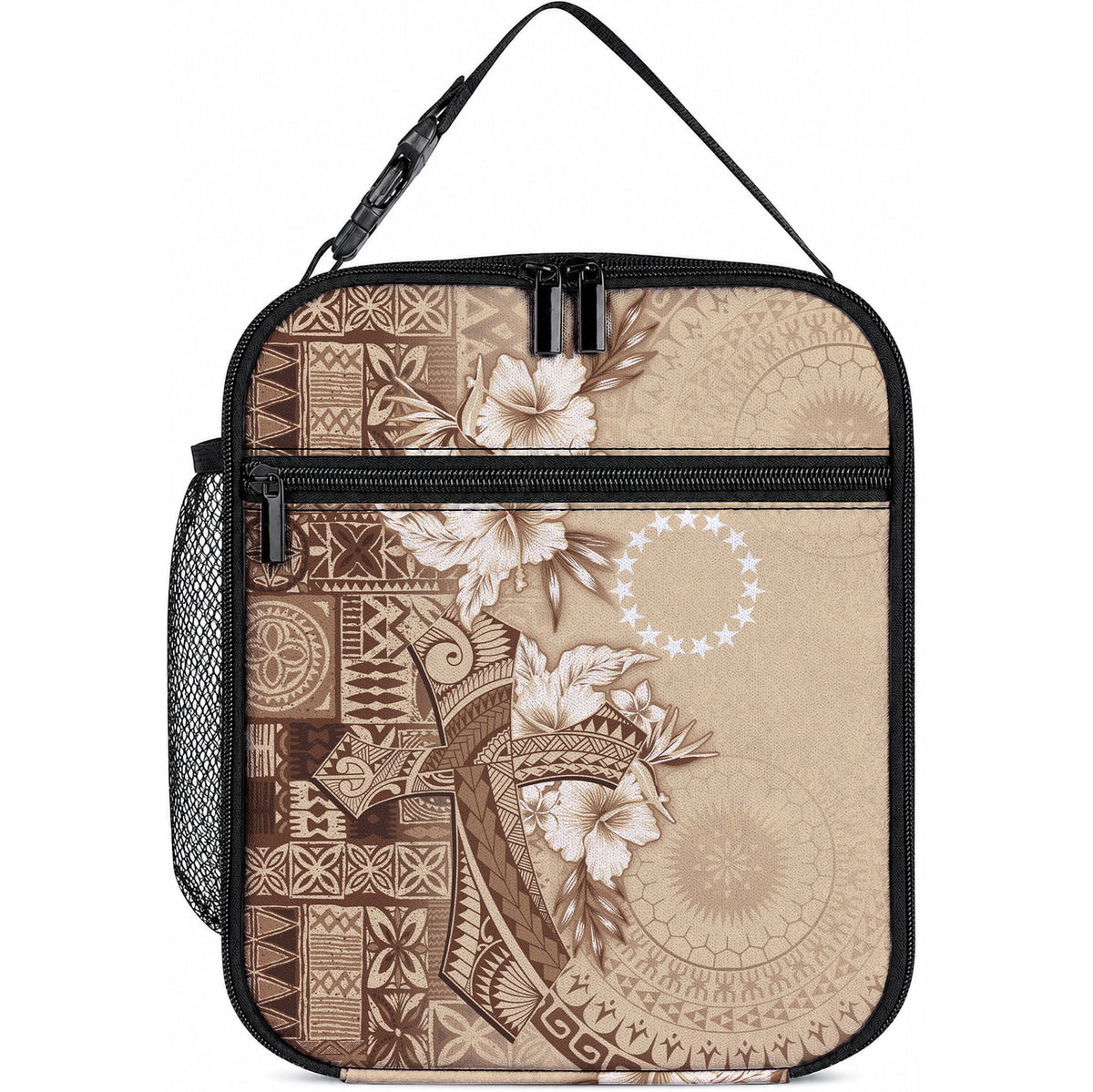 Kia Orana Cook Islands Tapa Floral With Cross Lunch Bag Beige LT7 10.2 × 8.3 × 4.3 inch Beige - Polynesian Pride