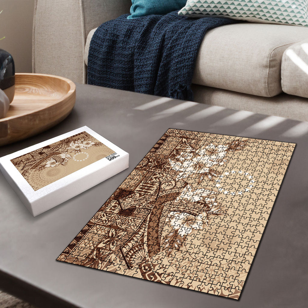 Kia Orana Cook Islands Tapa Floral With Cross Puzzle Beige LT7 - Polynesian Pride