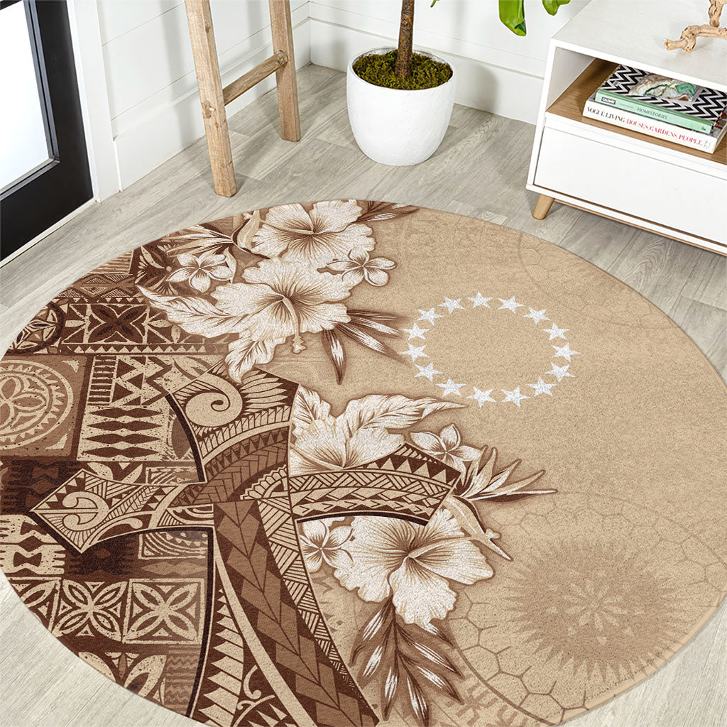 Kia Orana Cook Islands Tapa Floral With Cross Round Carpet Beige LT7 Beige - Polynesian Pride