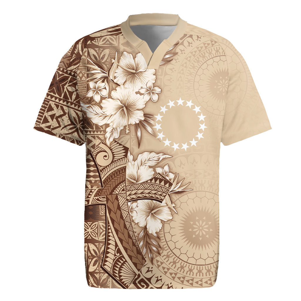 Kia Orana Cook Islands Tapa Floral With Cross Rugby Jersey Beige LT7 Beige - Polynesian Pride